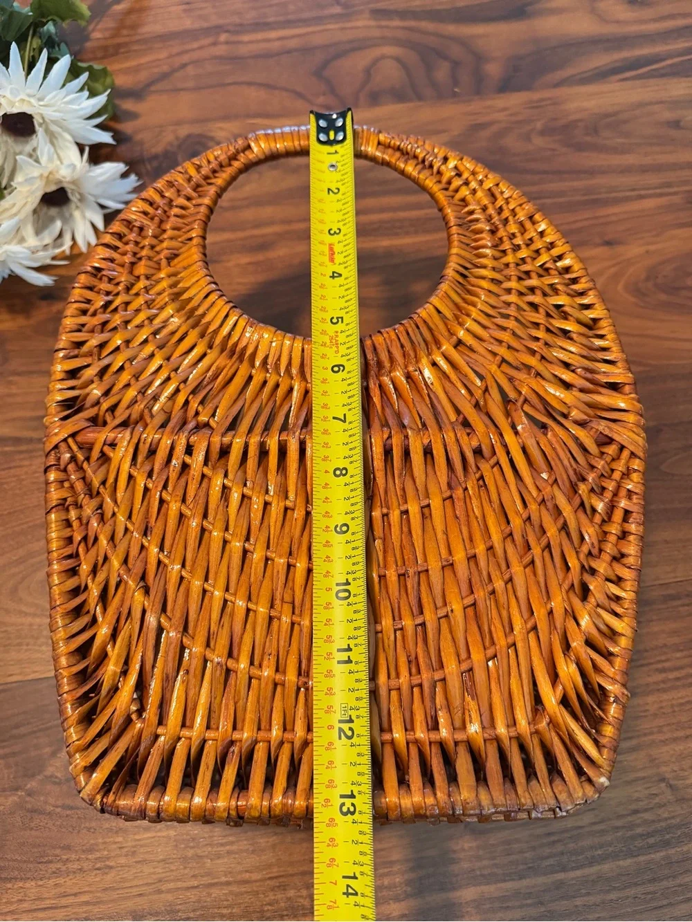 Natural Brown Rattan Wall Basket Tote Circular Handle Storage 13